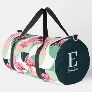 Monogram Modern Pink Flamingo Geometric Girly Name Duffle Bag