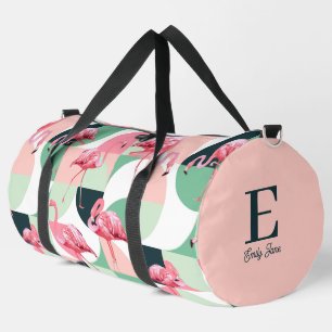 Monogram Modern Pink Flamingo Geometric Girly Name Duffle Bag
