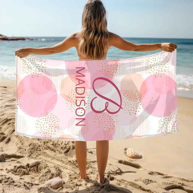 Monogram Modern Pink Girly Glitter Personalised Beach Towel (Creator Uploaded)