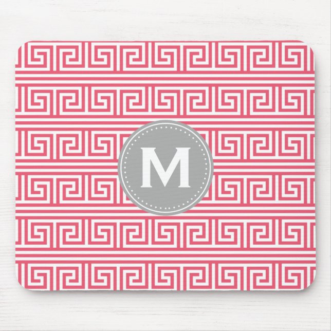 Monogram Modern Pink Greek Key Pattern Mouse Mat (Front)