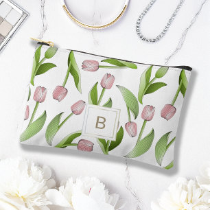 Monogram Modern Pink Tulip Flower Accessory Pouch