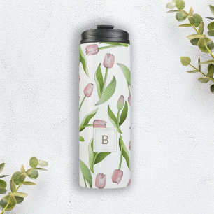 Monogram Modern Pink Tulip Pattern Thermal Tumbler