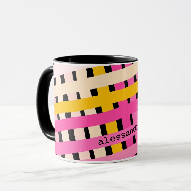 Monogram Modern Pink Yellow Black Plaid Check Cute Mug (Front Left)