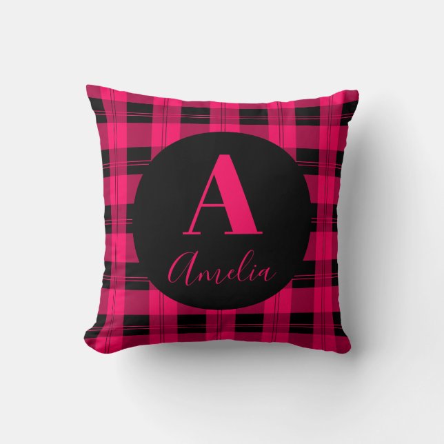 Monogram Modern Plaid Hot Pink Black Cushion (Front)