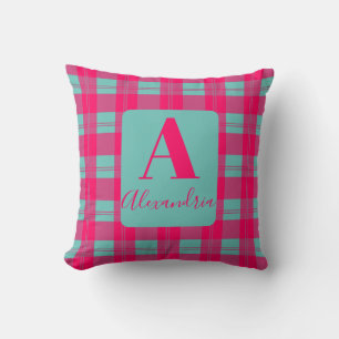Monogram Modern Plaid Hot Pink Mint Throw Pillow