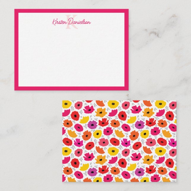 Monogram Modern Poppy Floral Pattern Script Name  Card (Front/Back)