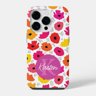 Monogram Modern Poppy Floral Pattern Script Name iPhone 14 Pro Case