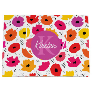 Monogram Modern Poppy Floral Pattern Script Name  Large Gift Bag