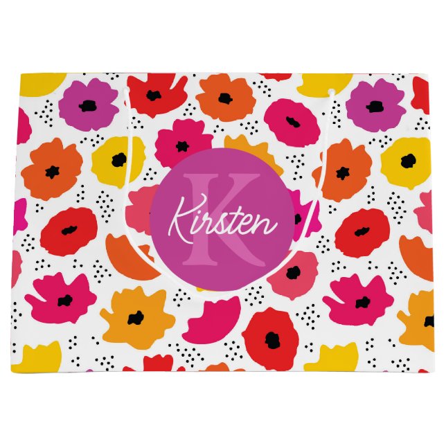 Monogram Modern Poppy Floral Pattern Script Name  Large Gift Bag (Front)