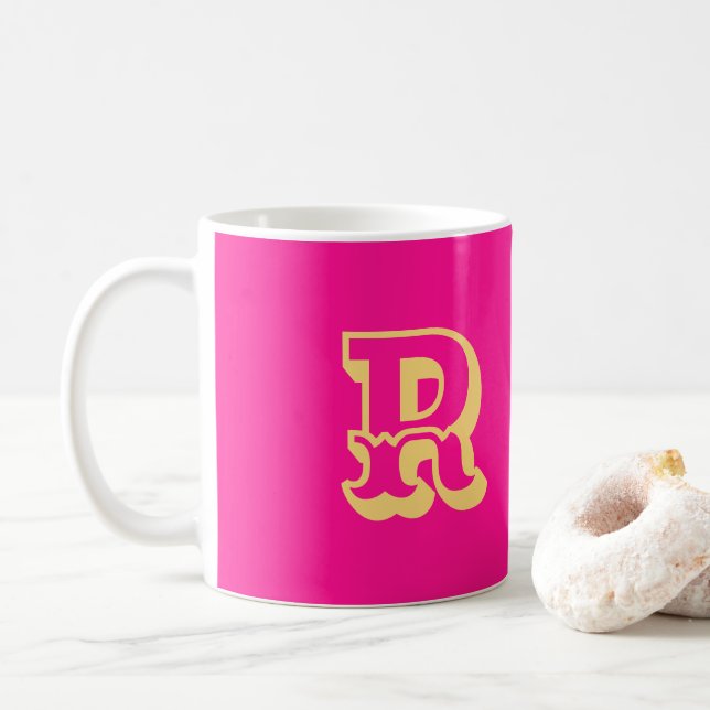 Monogram Modern Retro Font Hot Pink Coffee Mug (With Donut)
