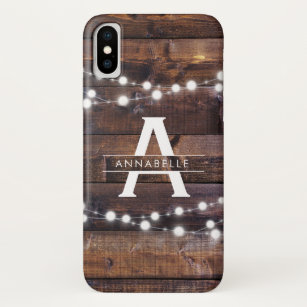 Monogram Modern Rustic Wood String Lights Country Case-Mate iPhone Case