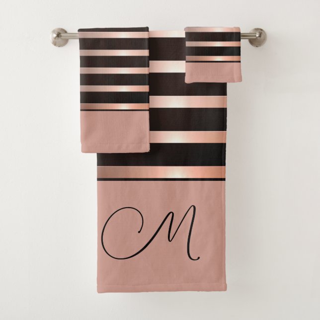Monogram Modern Salmon Pink Stripes on Black Bath Towel Set (Insitu)