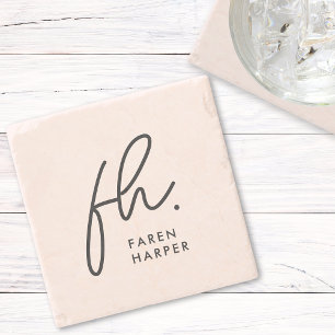 Monogram Modern Script Elegant Blush Pink Stone Coaster