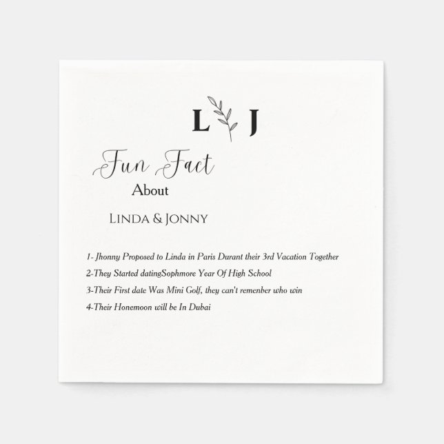 Monogram modern script fun facts wedding napkin (Front)