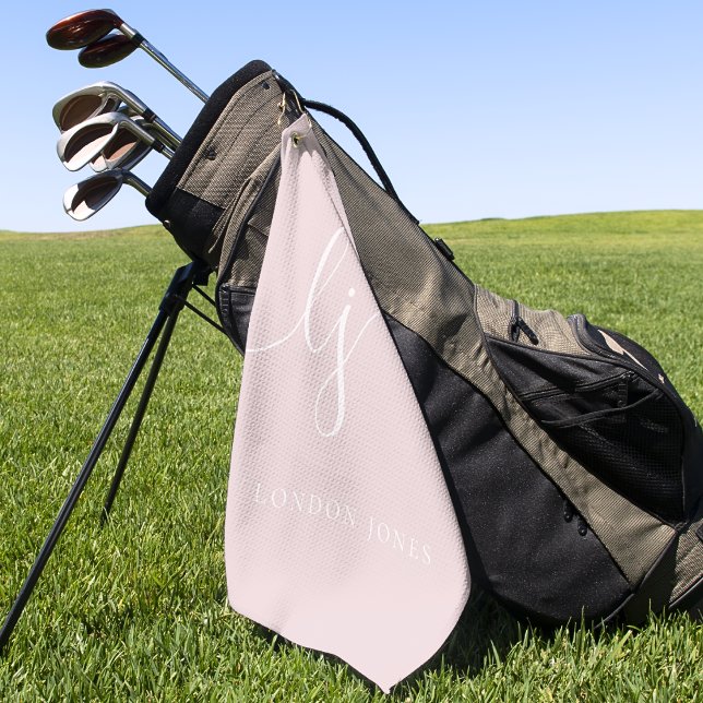 Monogram Modern Script Name Elegant Feminine Pink Golf Towel (Creator Uploaded)