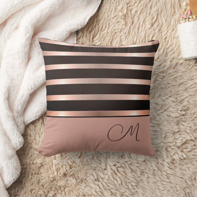 Monogram Modern Shimmery Pink Stripes Throw Pillow (Blanket)