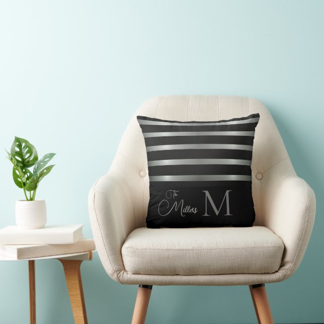 Monogram Modern Silver Stripes Family Name Cushion (Chair)