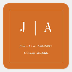 Monogram Modern Simple Burnt Orange White Wedding Square Sticker