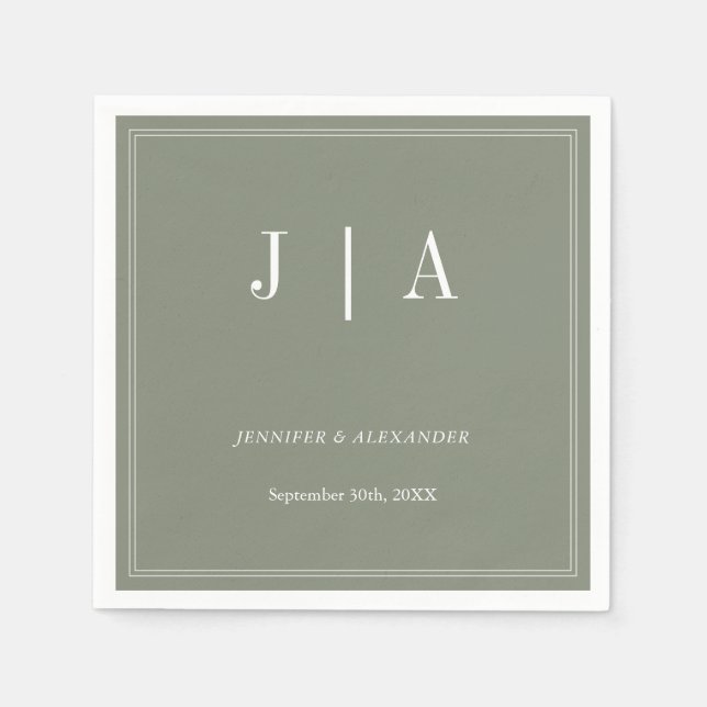 Monogram Modern Simple Sage Green White Wedding Napkin (Front)