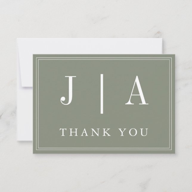 Monogram Modern Simple Sage Green White Wedding Thank You Card (Front)