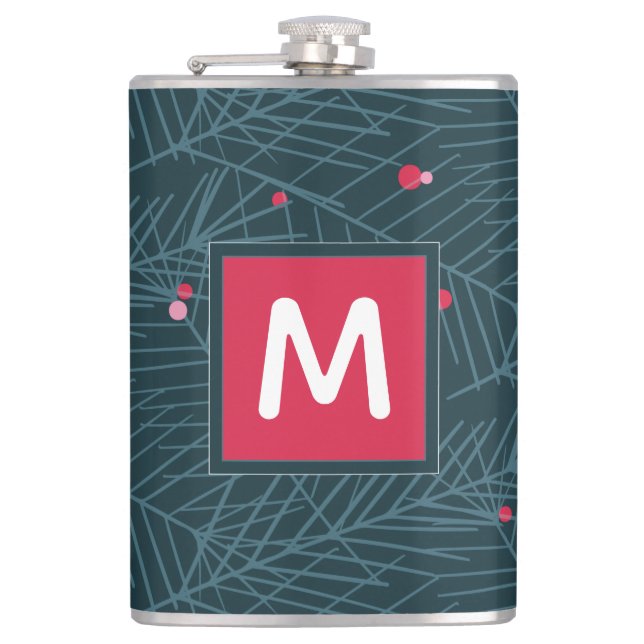 Monogram Modern Spruce and Berries Custom Holiday Hip Flask (Front)