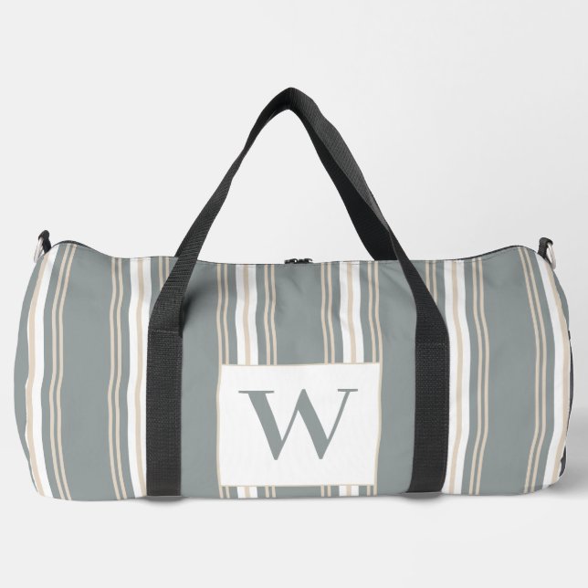 Monogram Modern Striped, Minimalist blue & cream Duffle Bag (Front)