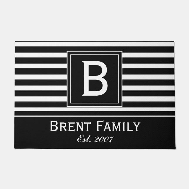 Monogram Modern Stripes Pattern Mat, Black White Doormat (Front)