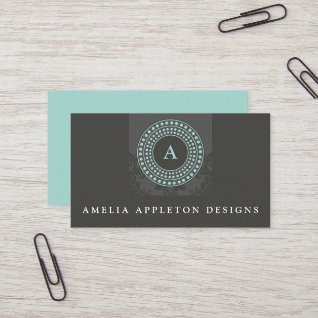 MONOGRAM modern stylish elegant rotor grey mint Business Card (Front/Back In Situ)