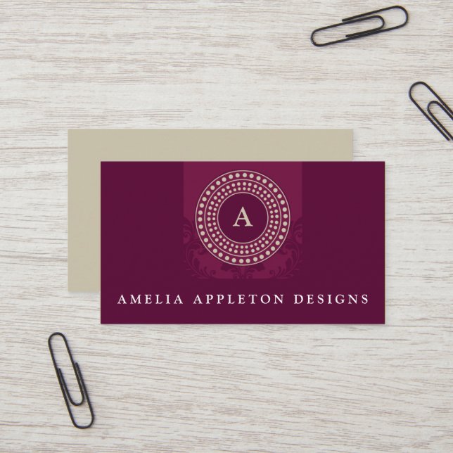 MONOGRAM modern stylish elegant rotor maroon taupe Business Card (Front/Back In Situ)