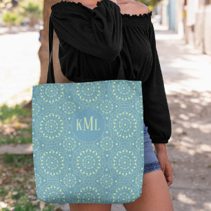Monogram Modern Stylish Green and Teal Tote Bag