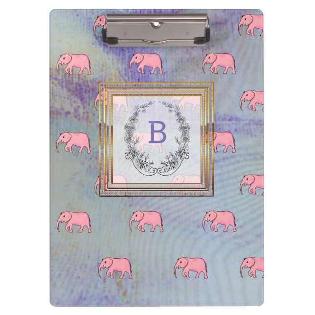 Monogram Modern Stylish Patterns Elephants Blue Clipboard (Front)