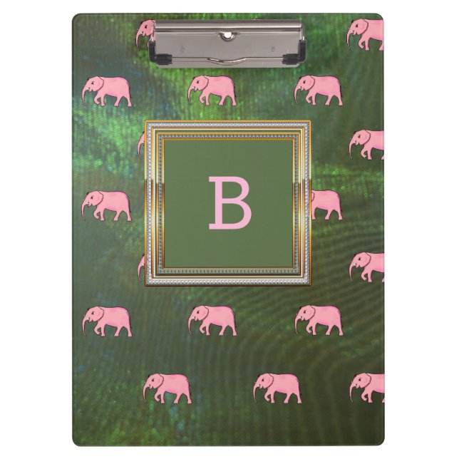 Monogram Modern Stylish Patterns Elephants Green Clipboard (Front)
