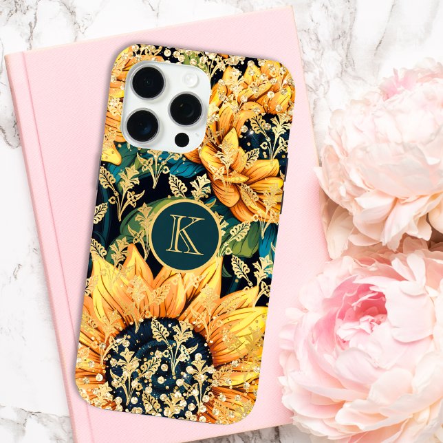 Monogram Modern Sunflower Glitter Personalised Case-Mate iPhone Case (Creator Uploaded)