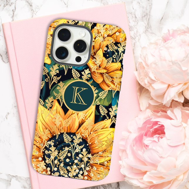 Monogram Modern Sunflower Glitter Personalised iPhone Case (Creator Uploaded)