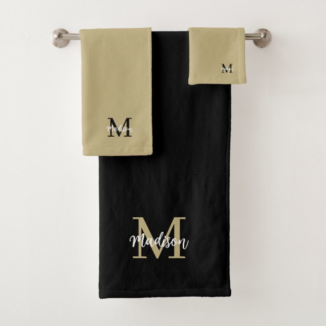 Monogram Modern Tan Sand and Black Bath Towel Set (Insitu)