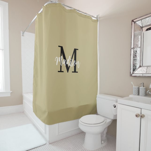 Monogram Modern Tan Sand and Black Shower Curtain (In Situ)