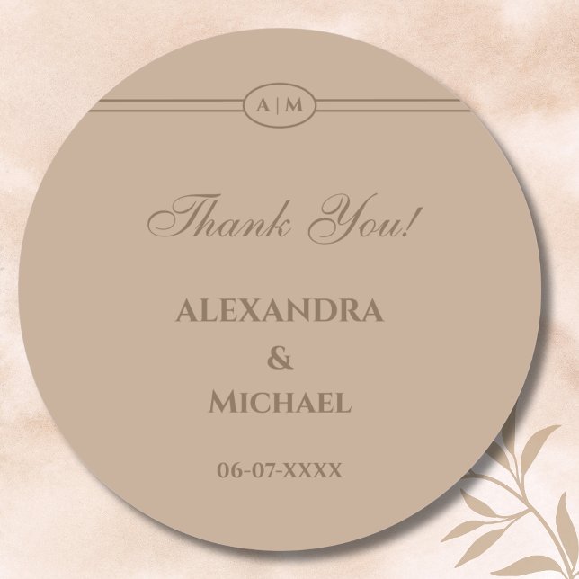 Monogram Modern Taupe Wedding Thank You Classic Round Sticker (Creator Uploaded)