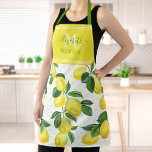 Monogram modern trendy lemon watercolor polka dot apron<br><div class="desc">Here’s a wonderful way to add to the fun of baking. Add extra sparkle to your culinary adventures whenever you wear this beautiful, chic, trendy, modern, custom monogram name apron. Fresh, rustic, country watercolor lemons and green leaves overlay light yellow polka dots on a white background. In addition, grass green...</div>