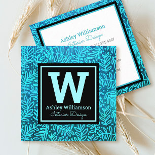 Monogram modern turquoise foliage leaves pattern square business card