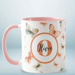 Monogram Modern Watercolor Butterflies Mug