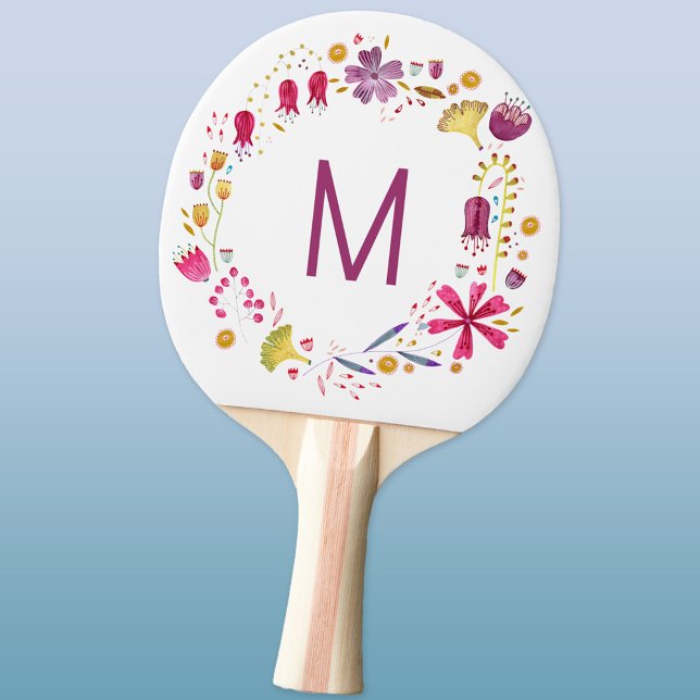 Monogram Modern Watercolor Floral Ping Pong Paddle (Floral watercolor monogram initial personalized ping pong paddle)