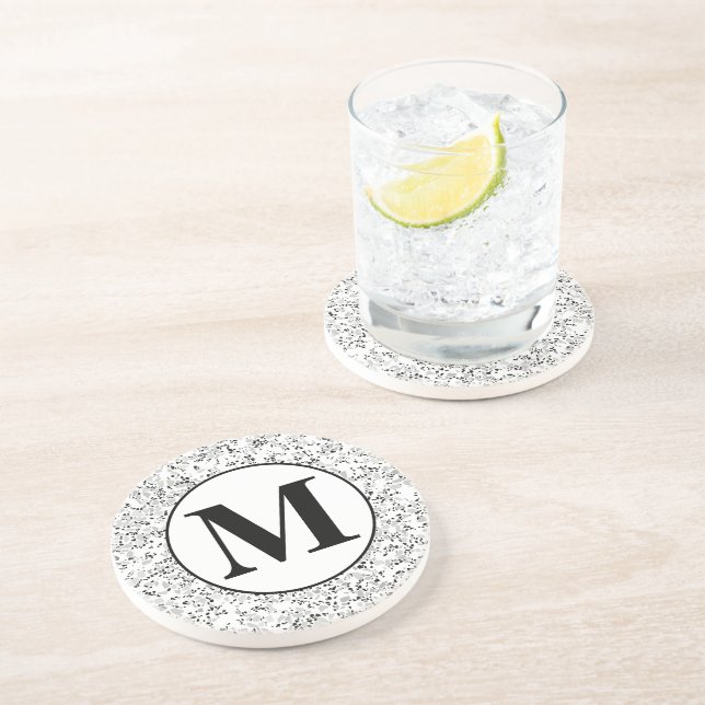 Monogram Modern White and Grey Terrazzo Pattern Coaster (Side)