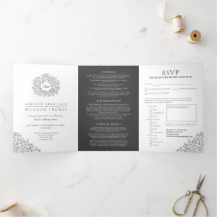 Monogram mono leaves wedding all-in-one Tri-Fold invitation