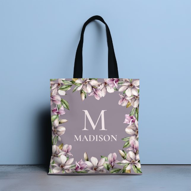 Monogram Monogrammed Magnolia Floral Personalised Tote Bag (Creator Uploaded)