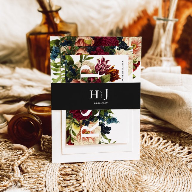 Monogram Moody Burgundy Black dark Wedding  Invitation Belly Band (Creator Uploaded)