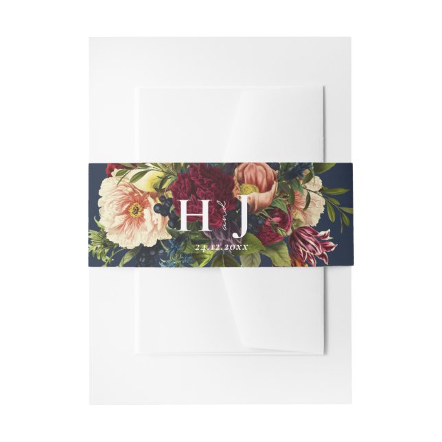 Monogram Moody Burgundy Navy Floral Wedding  Invitation Belly Band (Front Example)