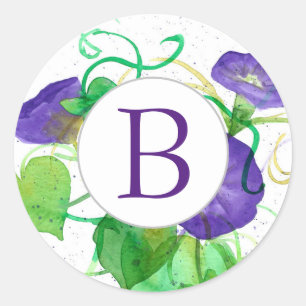 Monogram Morning Glory Purple Flowers Classic Round Sticker
