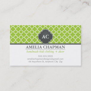 MONOGRAM morrocan tile pattern lime green grey Business Card