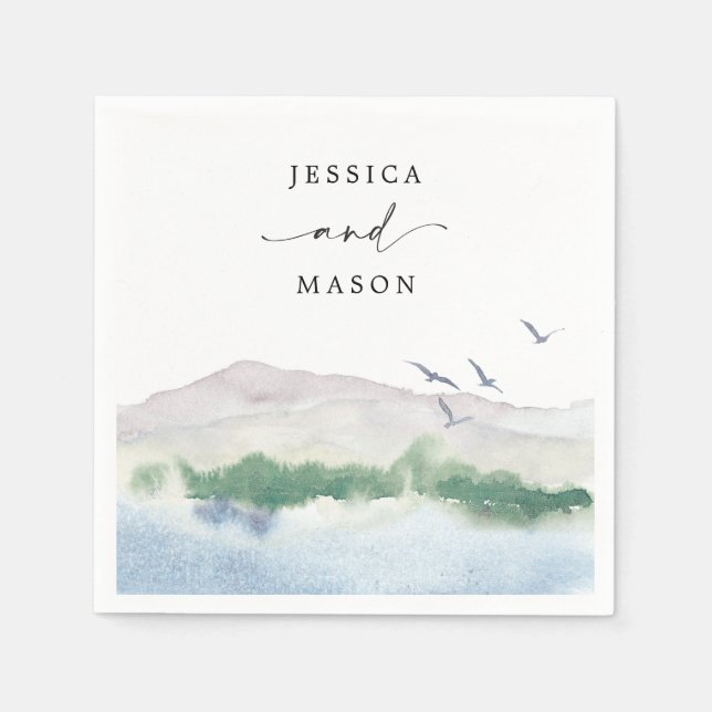 Monogram Mountain Lake Wedding Cocktail Napkin (Front)