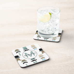 Monogram Moustache and Hat Pattern Coaster